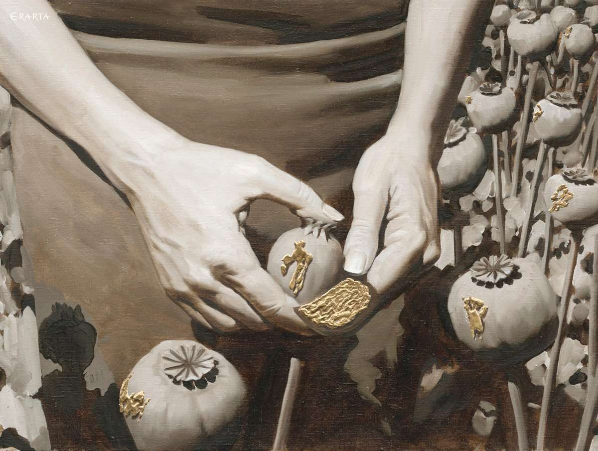 Female hand collecting opium, artist Aleksey Chizhov