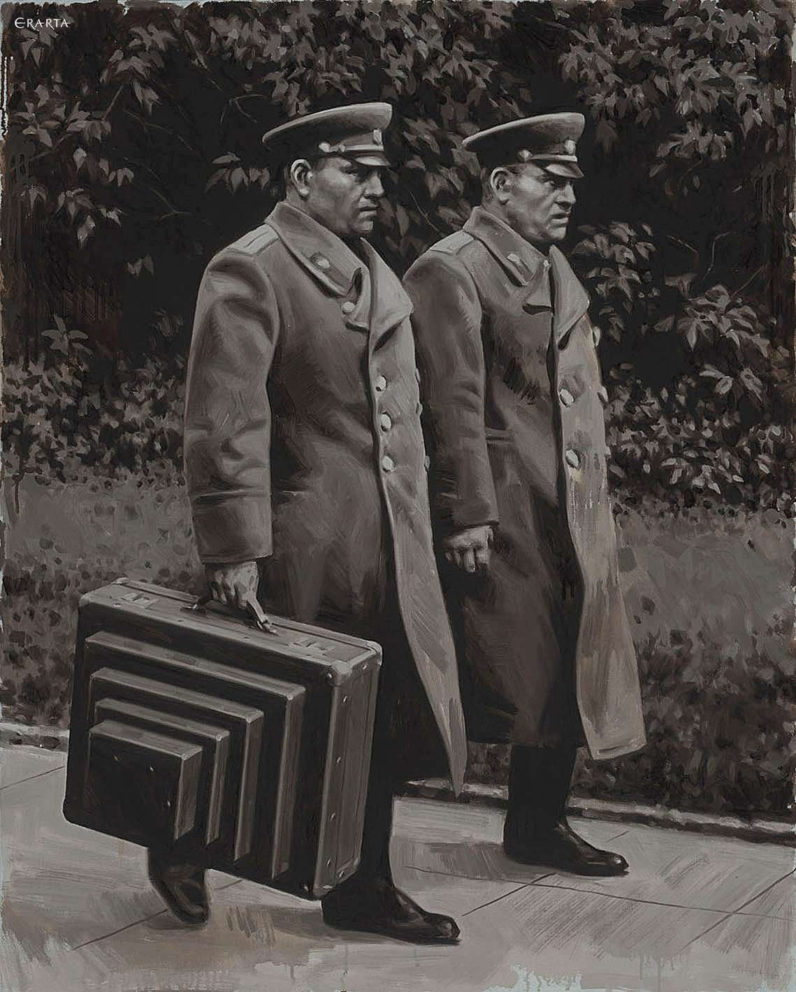 Двое с чемоданом для переноса мавзолеев, художник Ринат Волигамси